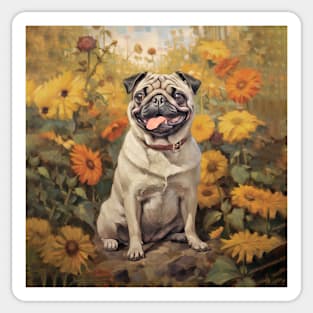 Cute Pug in Fall Flowers Sticker